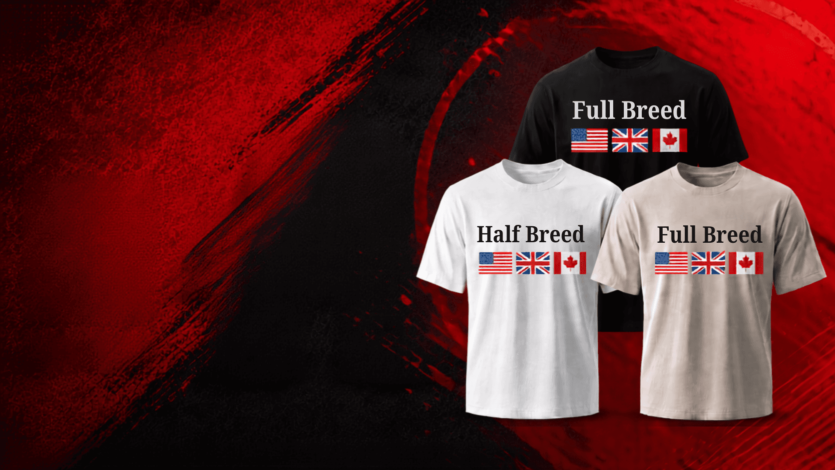 Black, white, and natural heritage shirts with Pure Breed, Full Breed, and Half Breed flag designs